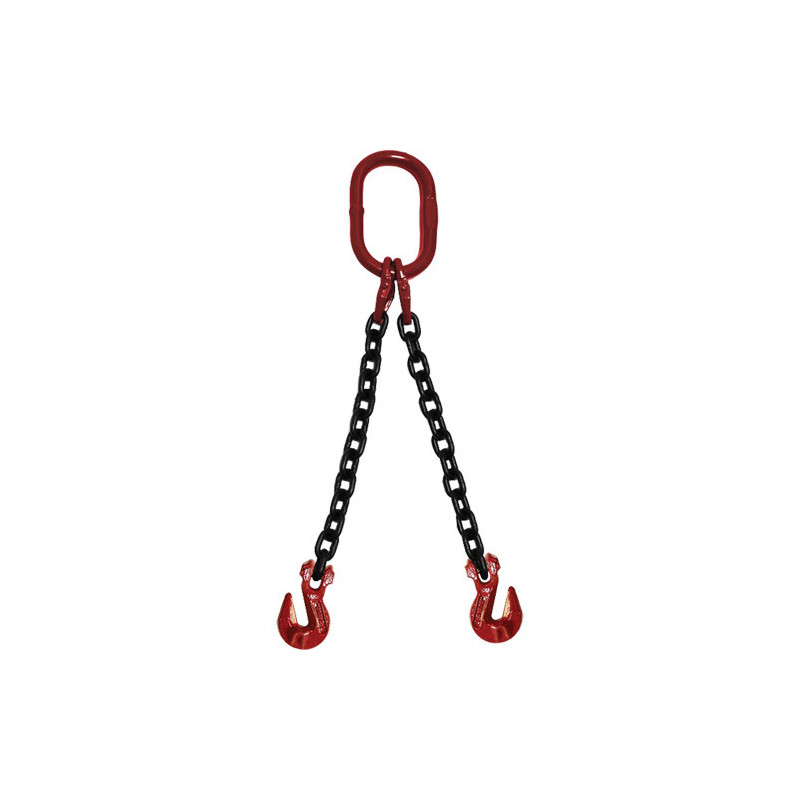 Chain Sling, Grade 80 Chain, Double Legs, Oblong & Grab Hooks, 9/32" x 5'