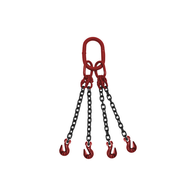 Chain Sling, Grade 80 Chain, Quadruple Legs, Oblong & Grab Hooks, 3/8" x 5'