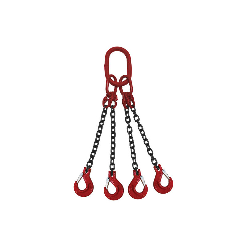 Chain Sling, Grade 100 Chain, Quadruple Legs, Oblong & Slip Hooks, 3/8" x 5'